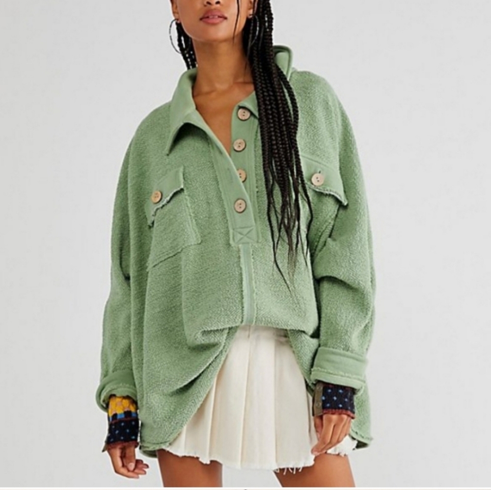 Free People Beach Green Rowan Oversized  Pullover Sweatshirt Beach Boho Terry